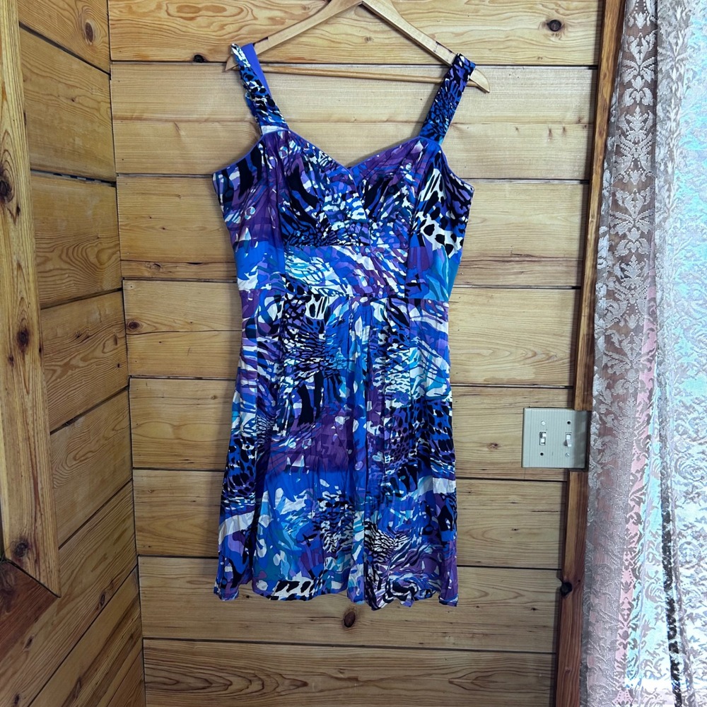 Vintage Fit Flare Abstract Geometr Watercolor Party Dress Large Blue Donna Ricco